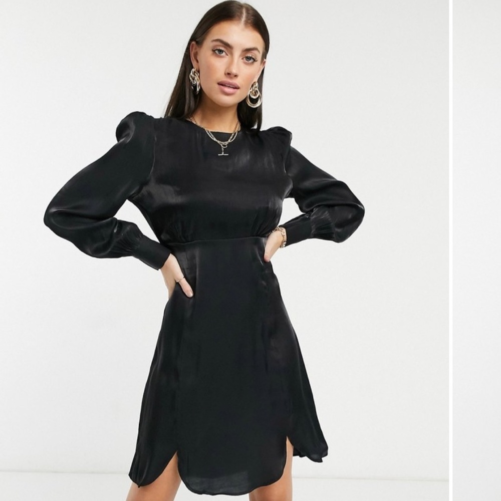 ASOS Black Satin Mini Dress with Puff Shoulders